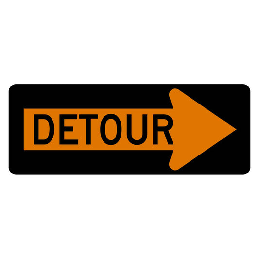 Orange horizontal M4-10R detour sign with black DETOUR legend inside a right-pointing arrow.
