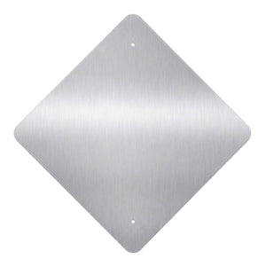 Rear view of heavy-duty .080 aluminum diamond road sign blank showing pre-drilled mounting holes.