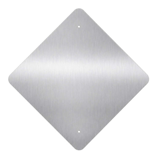 Rear view of heavy-duty .080 aluminum diamond road sign blank showing pre-drilled mounting holes.