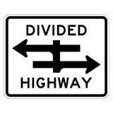 Divided Highway Crossing Sign R6-3 - white horizontal rectangle sign reading DIVIDED HIGHWAY with a black symbol of two one-way arrows crossing a median