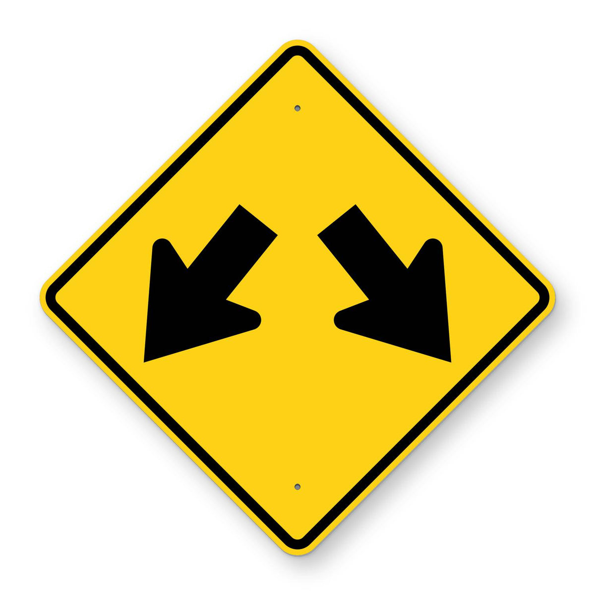 Double Arrow Warning Sign W12-1 - yellow diamond sign with two black arrows pointing down to the left and down to the right