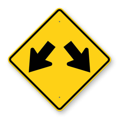 Double Arrow Warning Sign W12-1 - yellow diamond sign with two black arrows pointing down to the left and down to the right