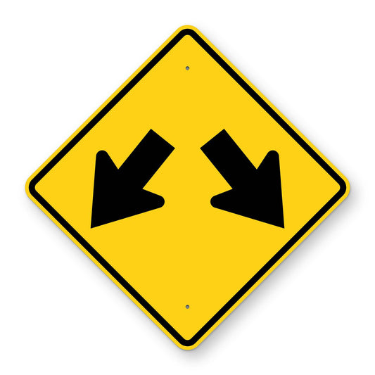 Double Arrow Warning Sign W12-1 - yellow diamond sign with two black arrows pointing down to the left and down to the right