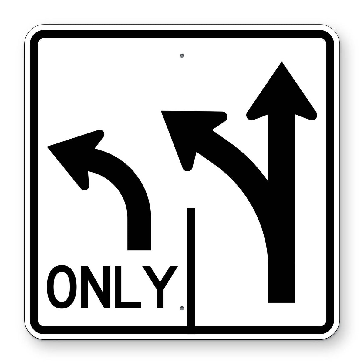 Double Left Turn Lane Control Sign R3-8L - white square sign showing two lanes, a left turn arrow marked ONLY and a shared left turn and straight arrow