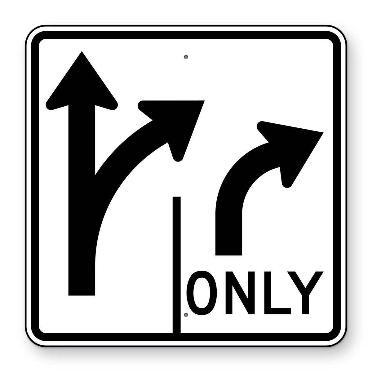 Double Right Turn Lane Control Sign R3-8R - white square sign showing two lanes, a shared straight and right turn arrow and a right turn arrow marked ONLY