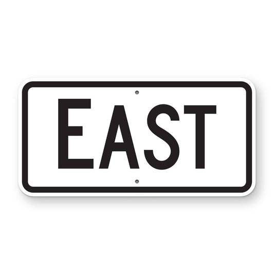 East Route Marker Plaque M3-2 - white horizontal rectangle plaque with a black border reading EAST in black, the first letter larger