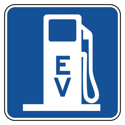 Electric Vehicle Charging Symbol Sign D9-11b - blue square sign with a white fuel pump symbol marked EV and a charging cord