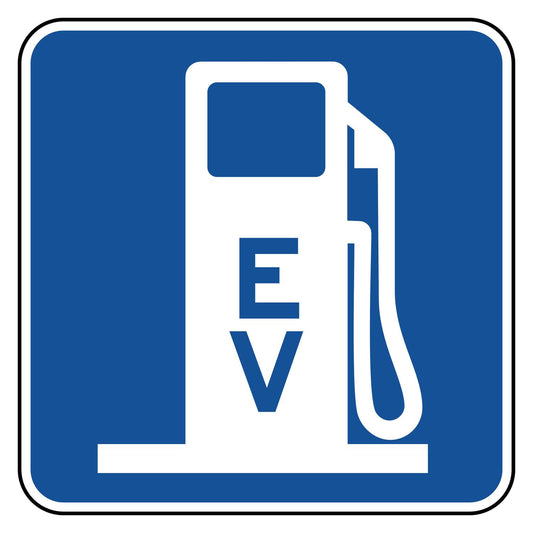 Electric Vehicle Charging Symbol Sign D9-11b - blue square sign with a white fuel pump symbol marked EV and a charging cord