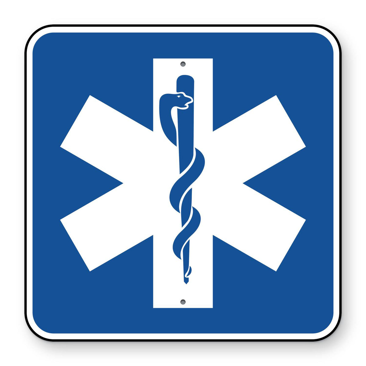 Emergency Medical Services Symbol Sign D9-13 - blue square sign with a white six-pointed medical star and staff