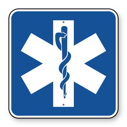 Emergency Medical Services Symbol Sign D9-13 - blue square sign with a white six-pointed medical star and staff