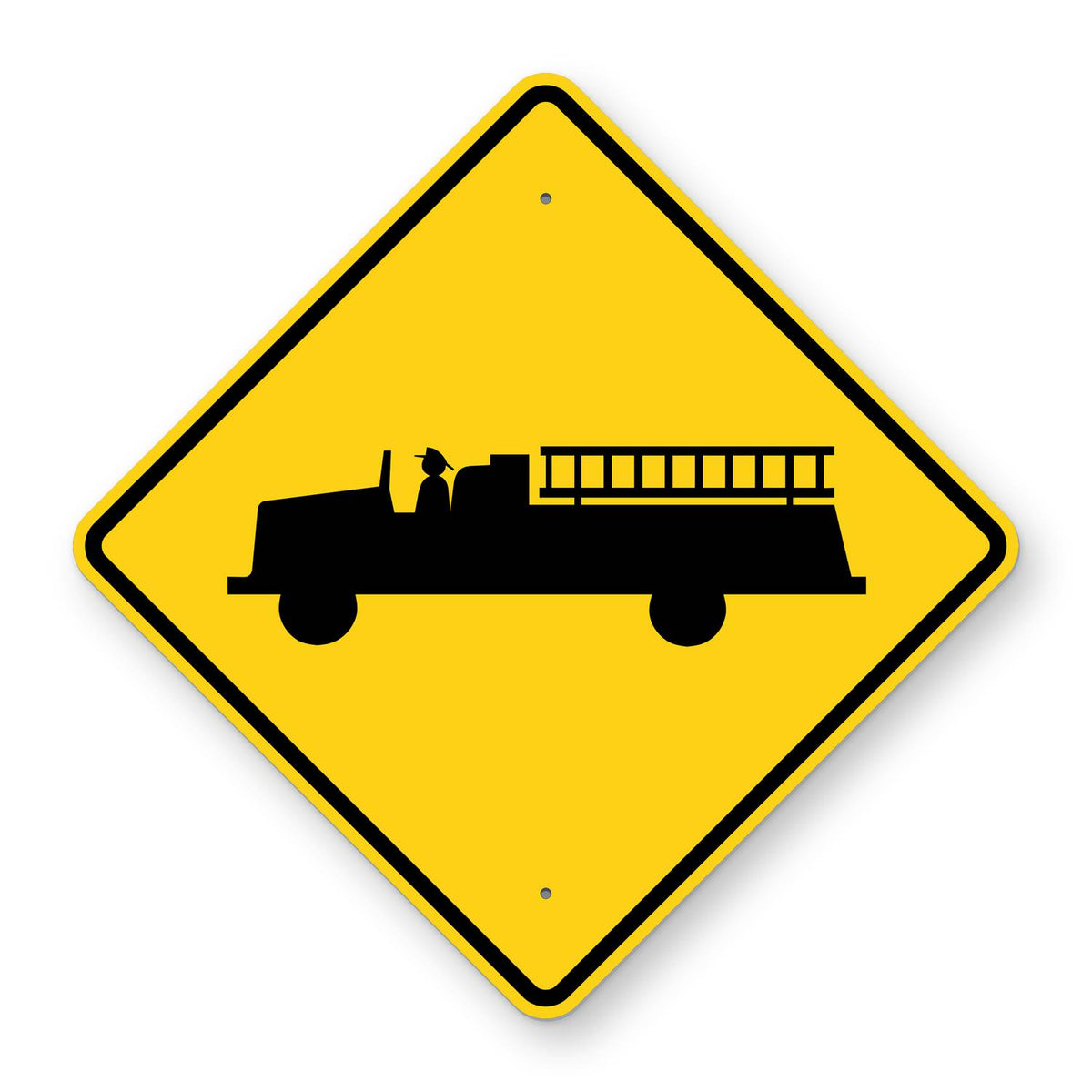 Emergency Vehicle Warning Sign W11-8 - yellow diamond sign with a black fire truck