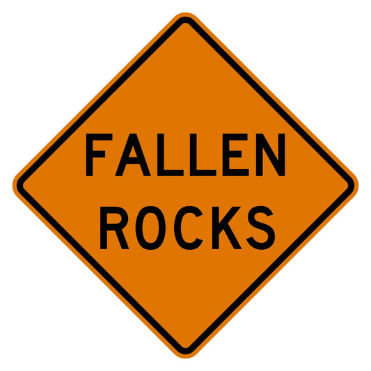 Orange diamond-shaped Fallen Rocks W8-14 construction sign with black text and border.