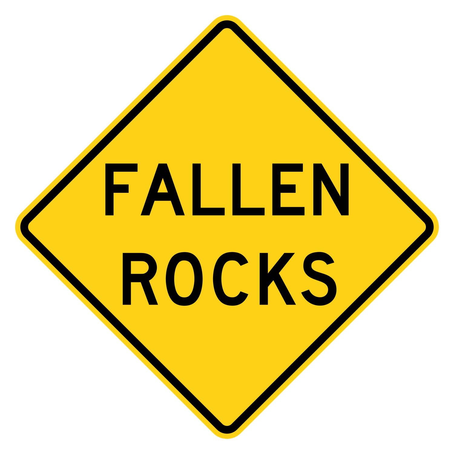 Yellow diamond-shaped W8-14 warning sign with black FALLEN ROCKS legend.