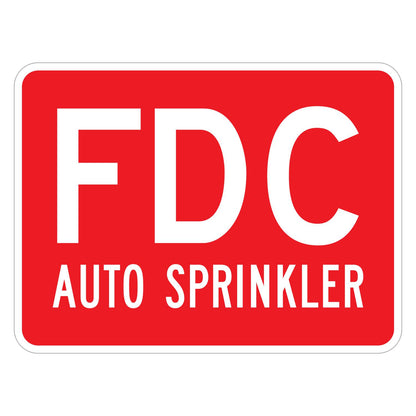 FDC Auto Sprinkler Sign - red horizontal rectangle sign reading FDC above AUTO SPRINKLER in white (24 x 18 size)