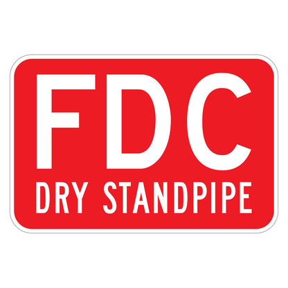 FDC Dry Standpipe Sign - red horizontal rectangle sign reading FDC above DRY STANDPIPE in white