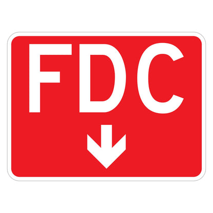 FDC Fire Department Connection Sign (Down Arrow) - red horizontal rectangle sign reading FDC in white above a white down arrow (24 x 18 size)