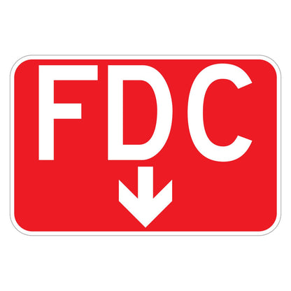 FDC Fire Department Connection Sign (Down Arrow) - red horizontal rectangle sign reading FDC in white above a white down arrow