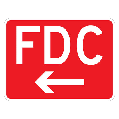 FDC Fire Department Connection Sign (Left Arrow) - red horizontal rectangle sign reading FDC in white above a white left arrow (24 x 18 size)