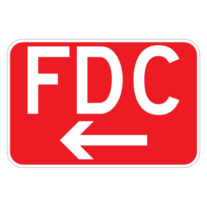 FDC Fire Department Connection Sign (Left Arrow) - red horizontal rectangle sign reading FDC in white above a white left arrow