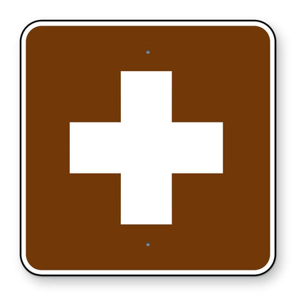 First Aid Symbol Sign RS-024 - brown square sign with a white cross