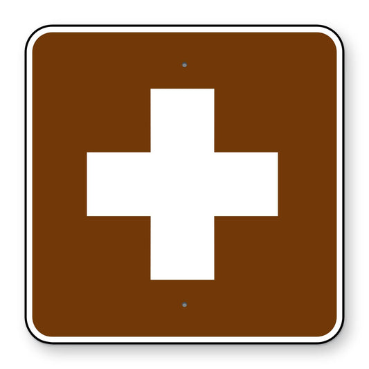 First Aid Symbol Sign RS-024 - brown square sign with a white cross