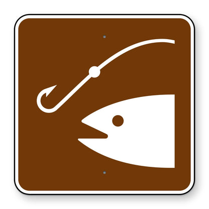 Fishing Area Symbol Sign RS-063 - brown square sign with a white fish on a hook and line