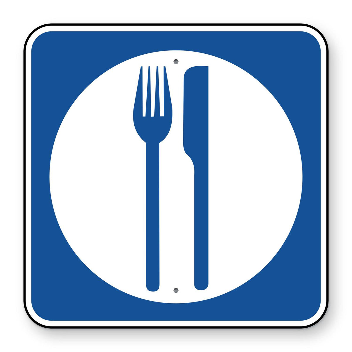 Food Symbol Sign D9-8 - blue square sign with a white fork and knife in a white circle
