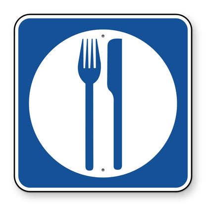 Food Symbol Sign D9-8 - blue square sign with a white fork and knife in a white circle