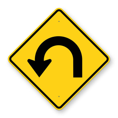 Hairpin Curve Left Warning Sign W1-11L - yellow diamond sign with a black arrow that bends back on itself in a hairpin curve to the left