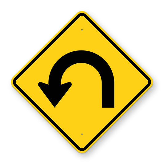 Hairpin Curve Left Warning Sign W1-11L - yellow diamond sign with a black arrow that bends back on itself in a hairpin curve to the left