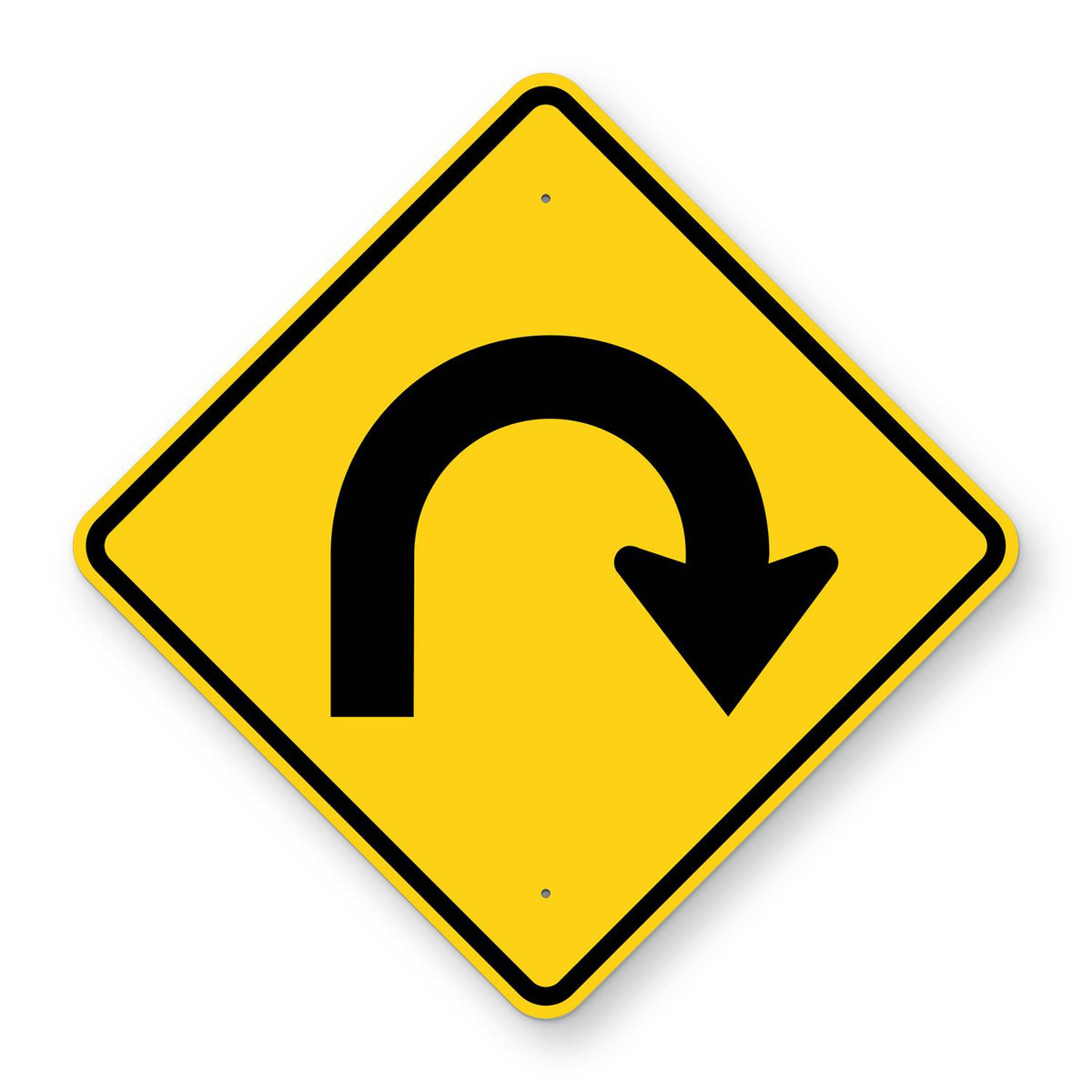 Hairpin Curve Right Warning Sign W1-11R - yellow diamond sign with a black arrow that bends back on itself in a hairpin curve to the right