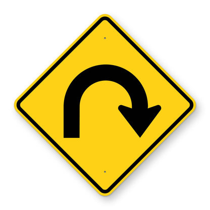 Hairpin Curve Right Warning Sign W1-11R - yellow diamond sign with a black arrow that bends back on itself in a hairpin curve to the right
