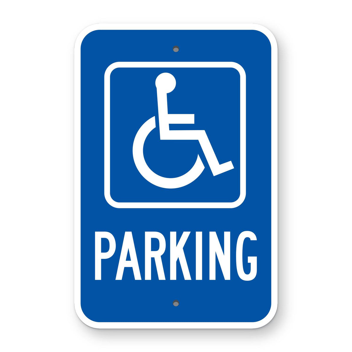 Handicap Symbol Parking Sign - blue vertical rectangle sign with a white accessible symbol in a white outlined box above PARKING in white