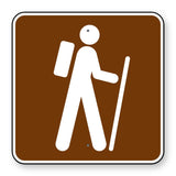 Hiking Trail Symbol Sign RS-068 - brown square sign with a white hiker carrying a backpack and walking stick