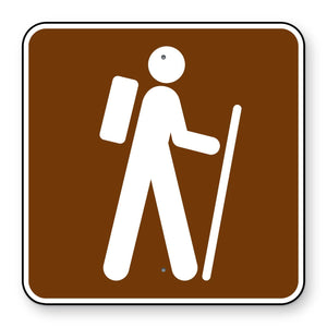 Hiking Trail Symbol Sign RS-068 - brown square sign with a white hiker carrying a backpack and walking stick