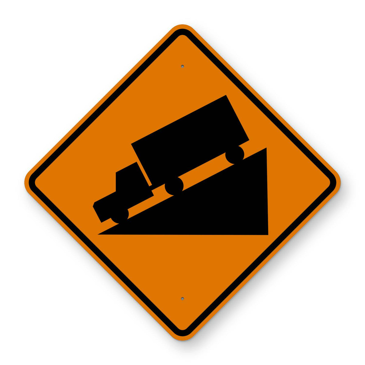 Hill Construction Sign W7-1 - orange diamond sign with a black truck on a steep downgrade