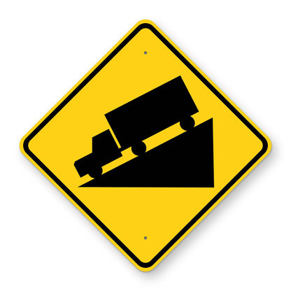 Hill Warning Sign W7-1 - yellow diamond sign with a black truck on a steep downgrade
