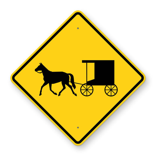 Horse and Buggy Warning Sign W11-14 - yellow diamond sign with a black horse pulling a buggy