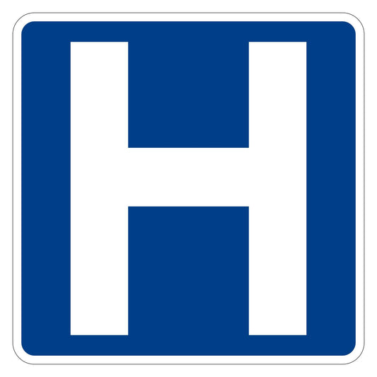 Hospital Symbol Sign D9-2 - blue square sign with white block letter H hospital symbol