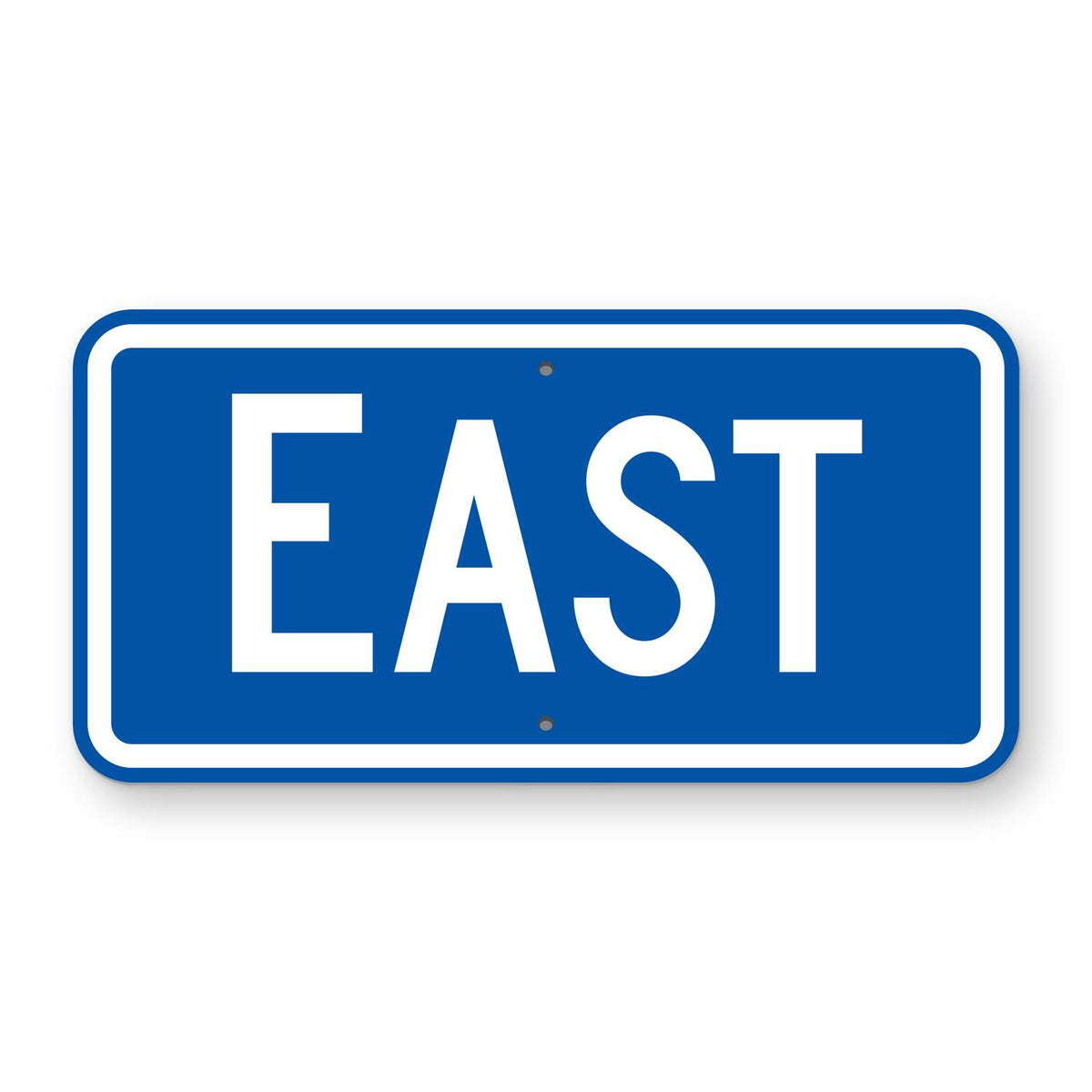 East Route Marker Plaque M3-2 - blue horizontal rectangle plaque with a white border reading EAST in white, the first letter larger