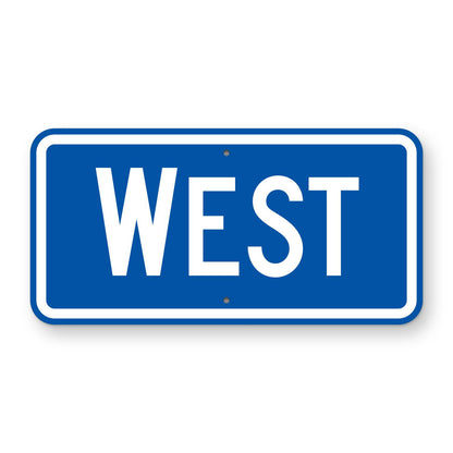 West Route Marker Plaque M3-4 - blue horizontal rectangle plaque with a white border reading WEST in white, the first letter larger