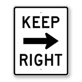 Keep Right with Arrow Sign R4-7a - white vertical rectangle sign reading KEEP RIGHT with a black right arrow between the words