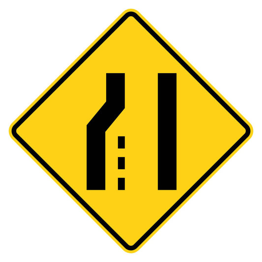 Lane Reduction Left Warning Sign W4-2L - yellow diamond sign with black road pictograph showing the left lane ending