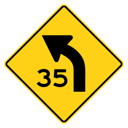 Left Curve 35 MPH Advisory Speed Sign W1-2aL - yellow diamond sign with black left curve arrow above 35