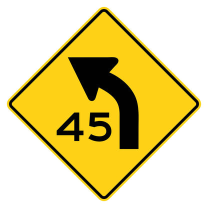 Left Curve 45 MPH Advisory Speed Sign W1-2aL - yellow diamond sign with black left curve arrow above 45