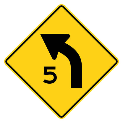 Left Curve 5 MPH Advisory Speed Sign W1-2aL - yellow diamond sign with black left curve arrow above 5