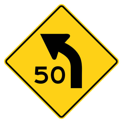 Left Curve 50 MPH Advisory Speed Sign W1-2aL - yellow diamond sign with black left curve arrow above 50