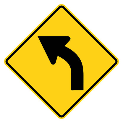 Left Curve Warning Sign W1-2L - yellow diamond sign with black curved left arrow