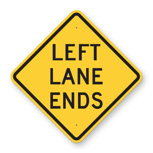 Left Lane Ends Warning Sign W9-1L - yellow diamond sign reading LEFT LANE ENDS