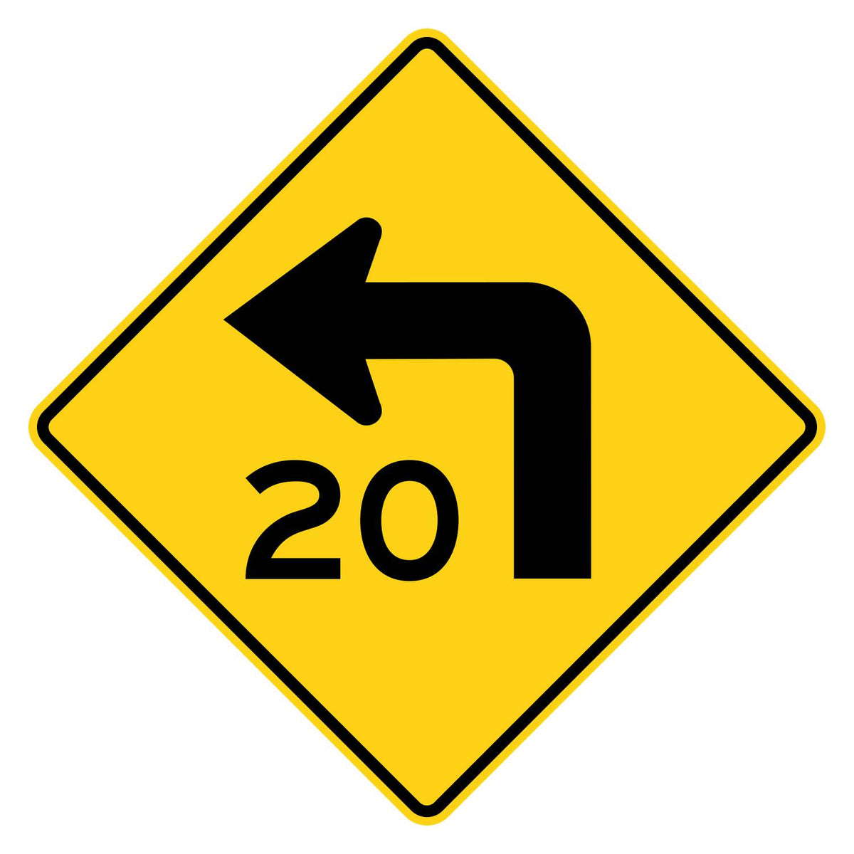 Left Turn 20 MPH Advisory Speed Sign W1-1aL - yellow diamond sign with black left turn arrow above 20